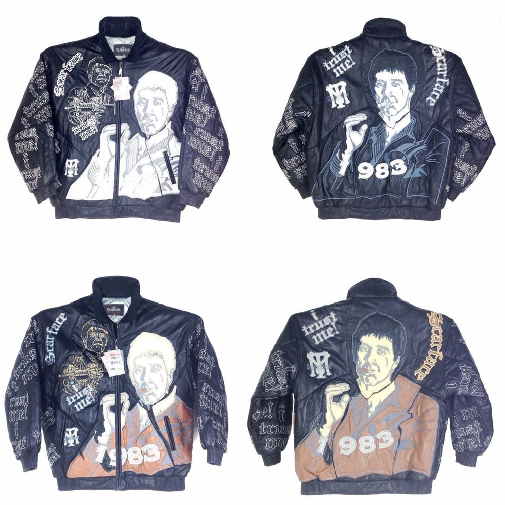 Scarface Mens Leather Embroidered Jacket, Black